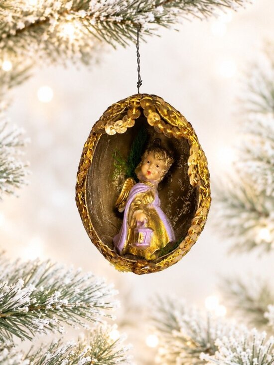 Artisan Other - Vintage Eggshell Diorama Lantern Angel Ornament Silver Trim 2"